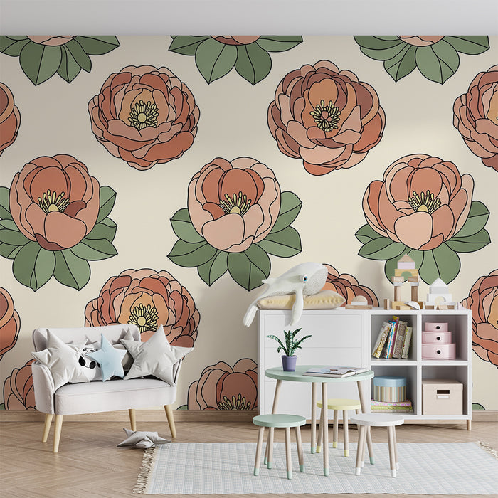 Papier peint chambre bébé | Pivoines délicates sur fond crème dans un esprit doux