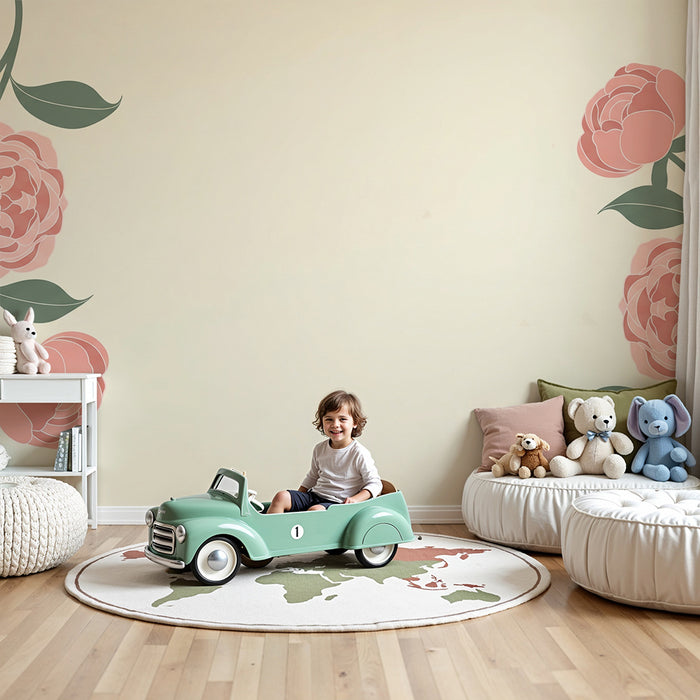 Papier peint chambre bébé | Pivoines délicates sur fond crème doux
