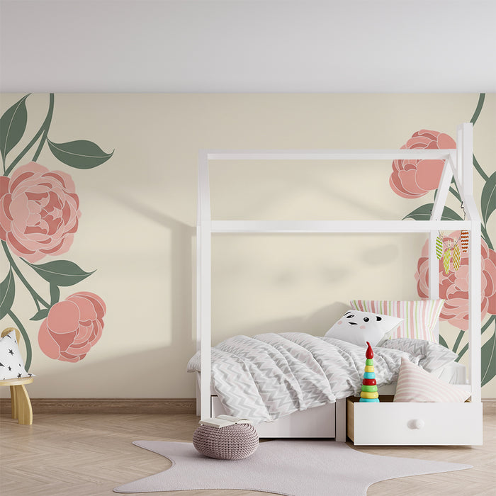 Papier peint chambre bébé | Pivoines délicates sur fond crème doux