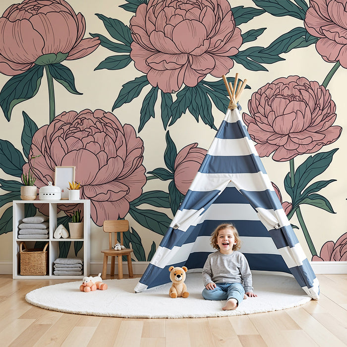 Papel pintado infantil | Peonías delicadas sobre fondo crema suave