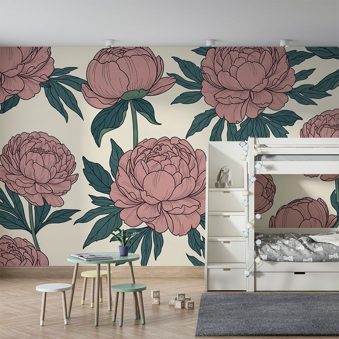 Papel pintado infantil | Peonías delicadas sobre fondo crema suave