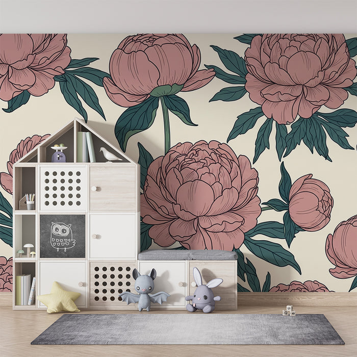 Papel pintado infantil | Peonías delicadas sobre fondo crema suave