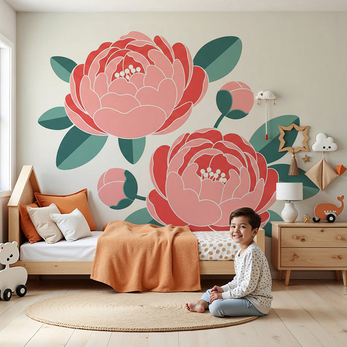 Papier peint chambre bébé | Pivoines délicates sur fond tendre