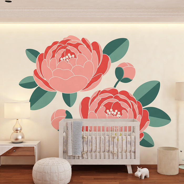 Papier peint chambre bébé | Pivoines délicates sur fond tendre