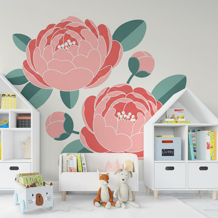 Papier peint chambre bébé | Pivoines délicates sur fond tendre