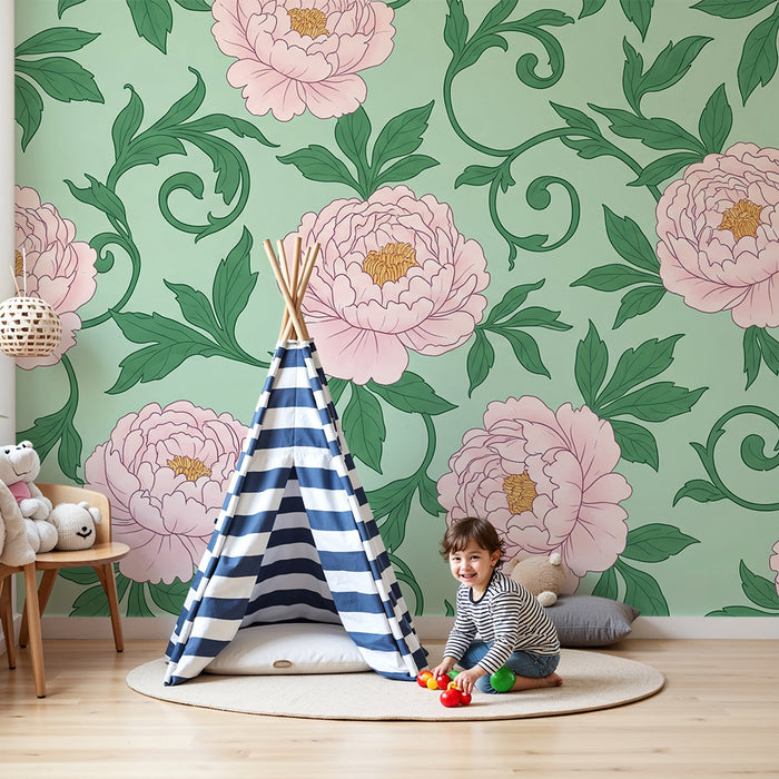 Nursery room wallpaper | Delicate peonies on a mint green background