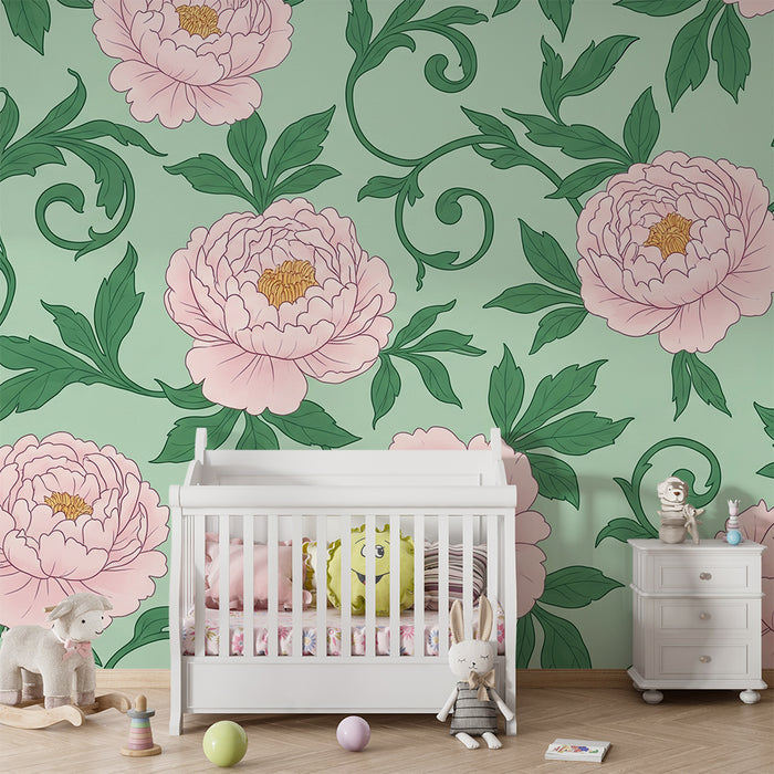 Nursery room wallpaper | Delicate peonies on a mint green background