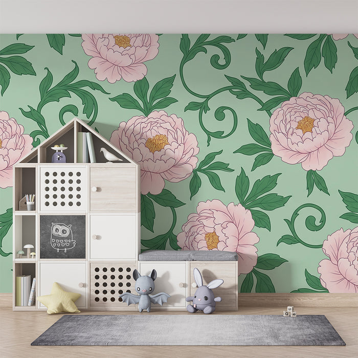 Nursery room wallpaper | Delicate peonies on a mint green background