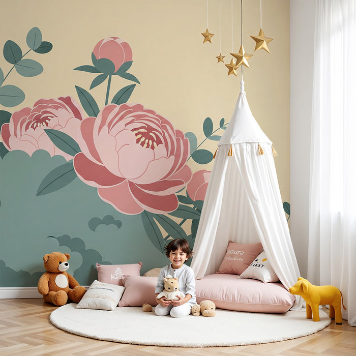 Papier peint chambre bébé | Pivoines délicates sur un fond doux