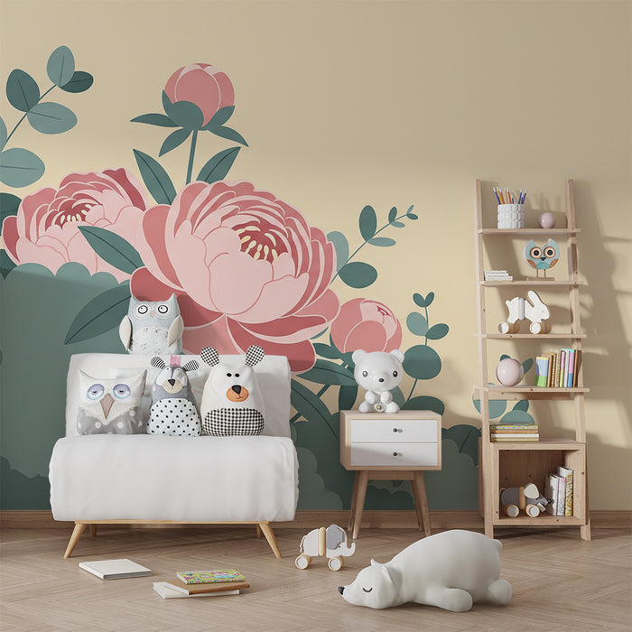 Papier peint chambre bébé | Pivoines délicates sur un fond doux