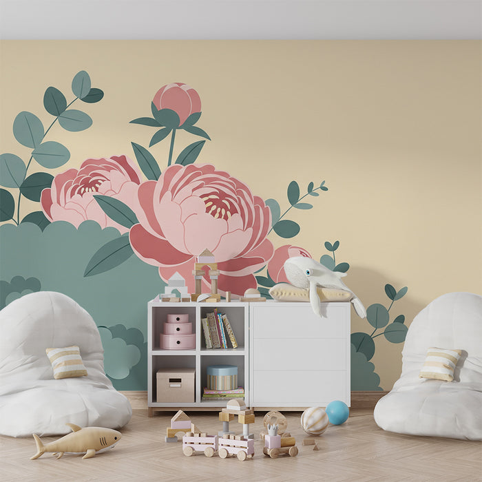 Papier peint chambre bébé | Pivoines délicates sur un fond doux
