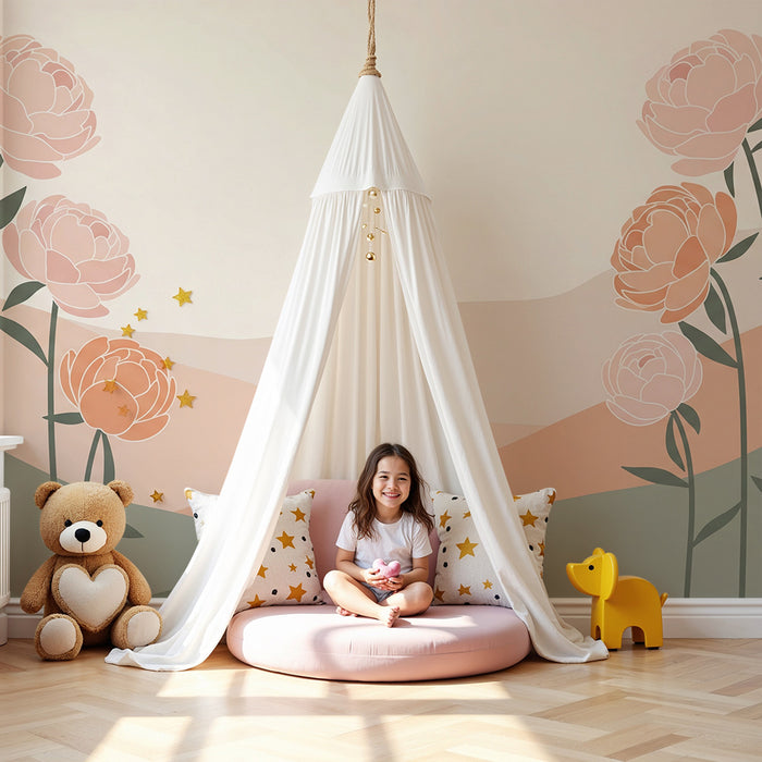 Tapeta do dětského pokoje | Jemné pivoňky na uklidňujícím pastelovém pozadí