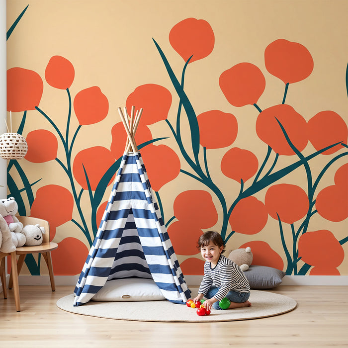 Papier peint chambre bébé | Pivoines orange sur fond doux