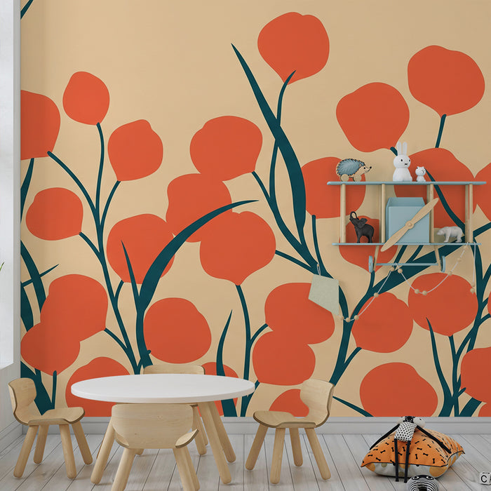 Papier peint chambre bébé | Pivoines orange sur fond doux