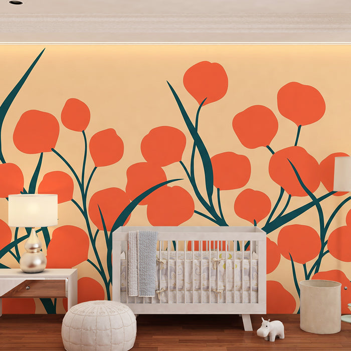 Papier peint chambre bébé | Pivoines orange sur fond doux