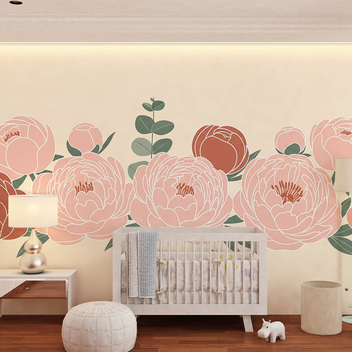 Tapet till babyrum | Eleganta rosa pioner på mjuk bakgrund