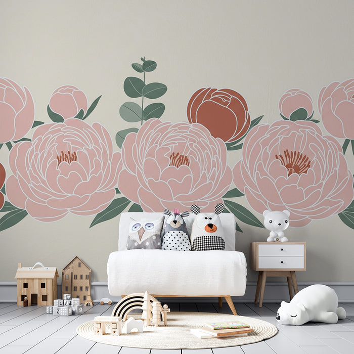 Tapet till babyrum | Eleganta rosa pioner på mjuk bakgrund
