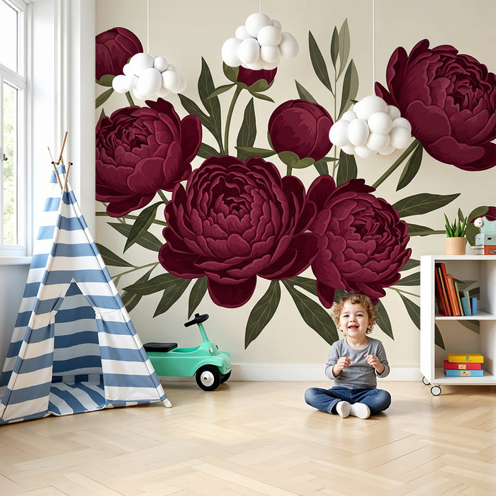 Papier peint chambre bébé | Pivoines rouges élégantes sur fond doux