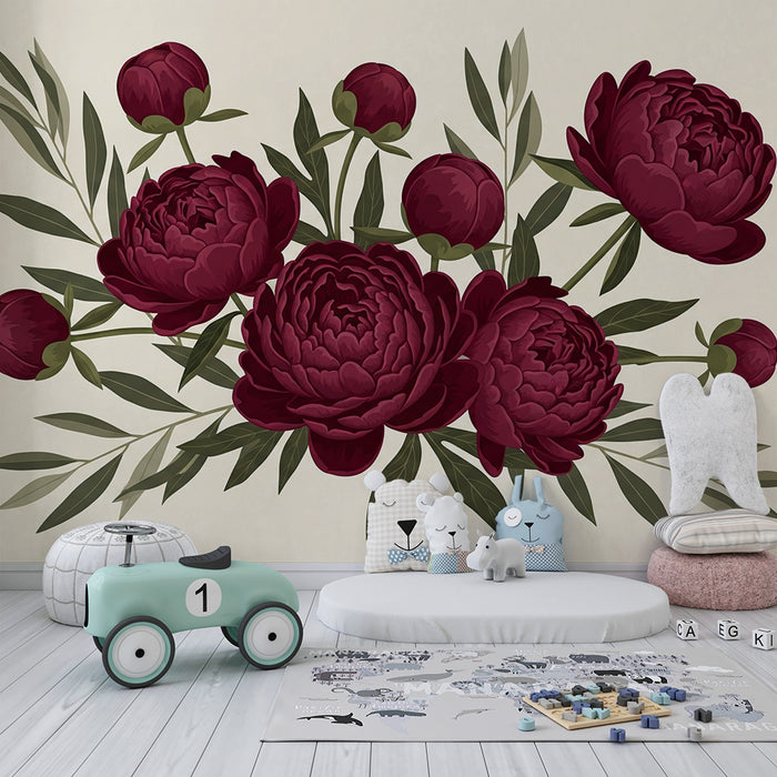Papier peint chambre bébé | Pivoines rouges élégantes sur fond doux