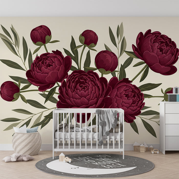 Papier peint chambre bébé | Pivoines rouges élégantes sur fond doux