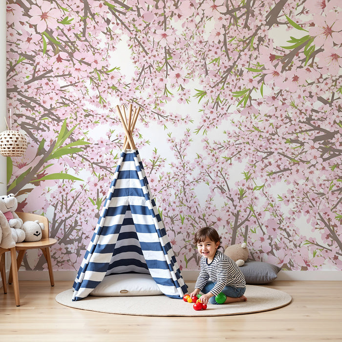 Papel de parede para quarto de bebé | Teto floral com flores de cerejeira cor-de-rosa