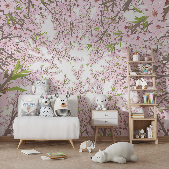 Papel de parede para quarto de bebé | Teto floral com flores de cerejeira cor-de-rosa