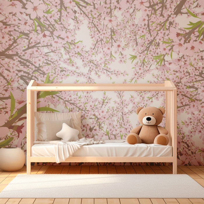 Papel de parede para quarto de bebé | Teto floral com flores de cerejeira cor-de-rosa