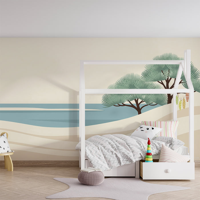 Tapeta do pokoju dziecięcego | Uspokajająca plaża ze stylizowanymi wydmami i drzewami
