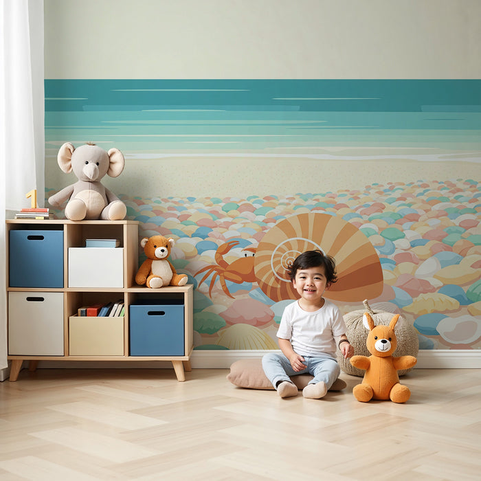 Papel de parede para quarto de bebé | Praia colorida com conchas e caranguejo