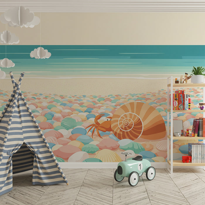 Papel de parede para quarto de bebé | Praia colorida com conchas e caranguejo