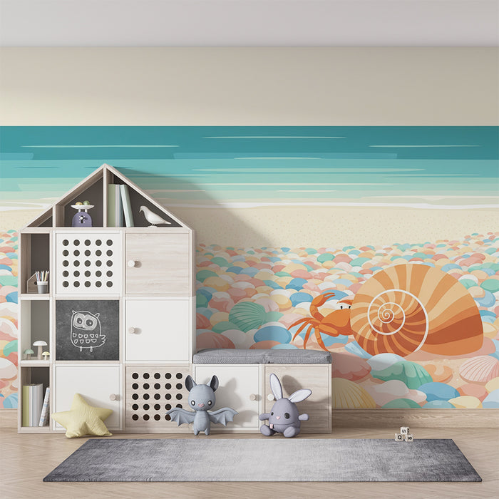 Papel de parede para quarto de bebé | Praia colorida com conchas e caranguejo