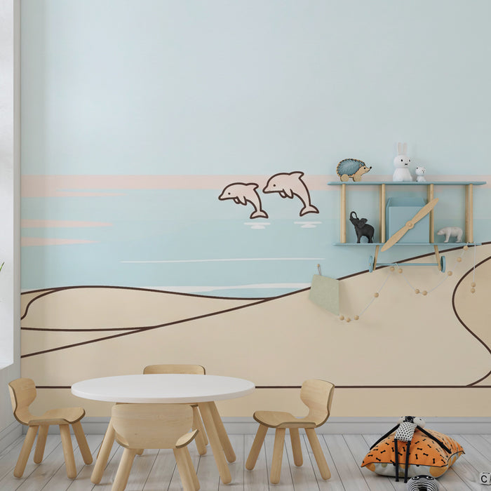 Babykamer behang | Strand en dolfijnen in de duinen