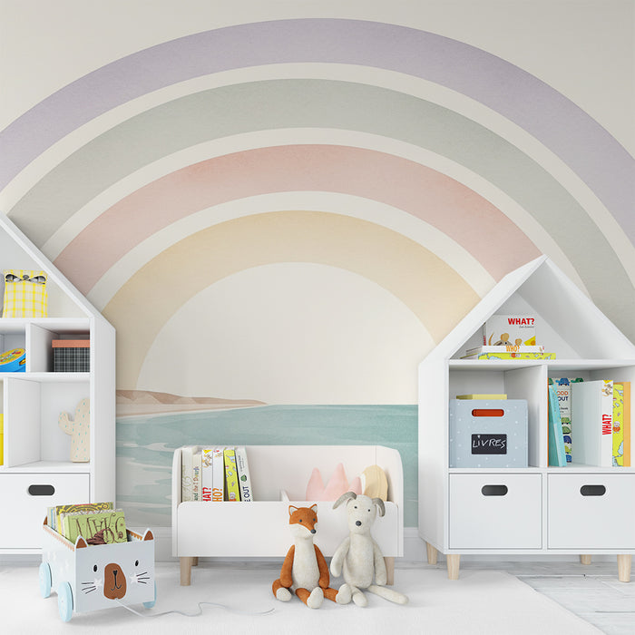 Tapeta dětského pokoje | Klidná pláž s pastelovými duhami
