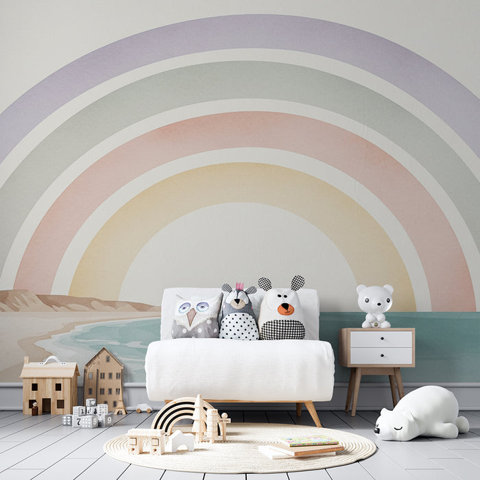 Tapeta dětského pokoje | Klidná pláž s pastelovými duhami