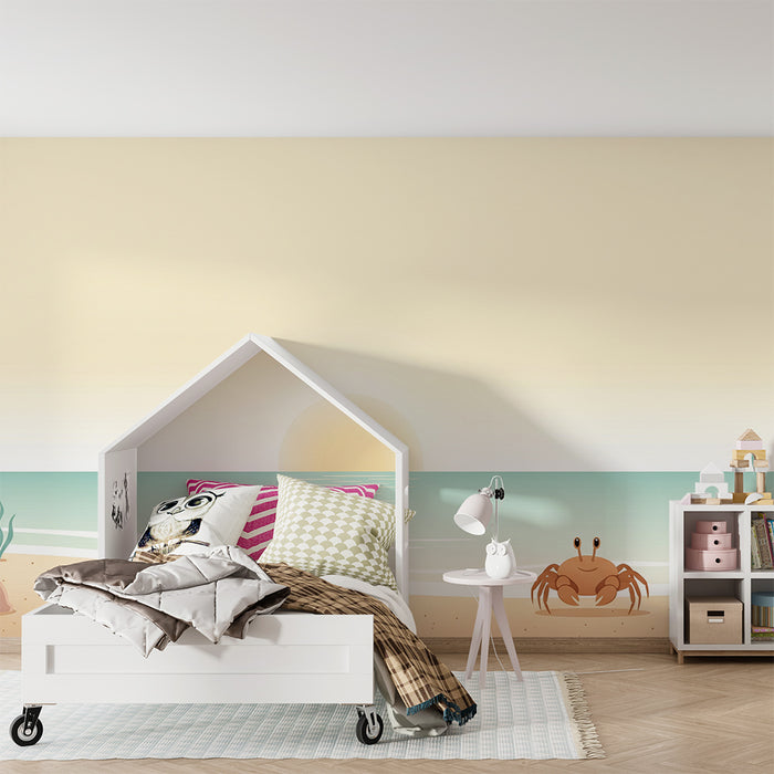 Papel de parede para quarto de bebé | Praia tranquila com caranguejos e conchas