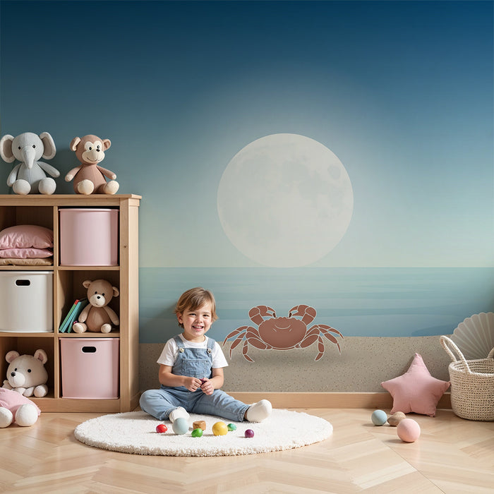 Papel de parede para quarto de bebé | Praia tranquila com caranguejos e conchas ao luar