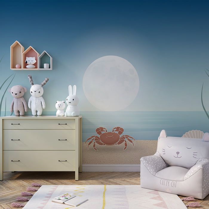Papel de parede para quarto de bebé | Praia tranquila com caranguejos e conchas ao luar