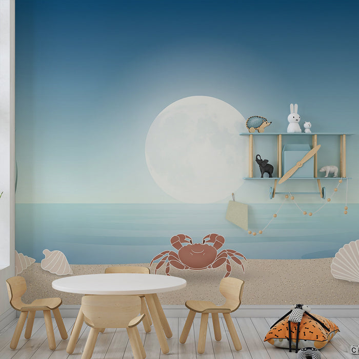 Papel de parede para quarto de bebé | Praia tranquila com caranguejos e conchas ao luar
