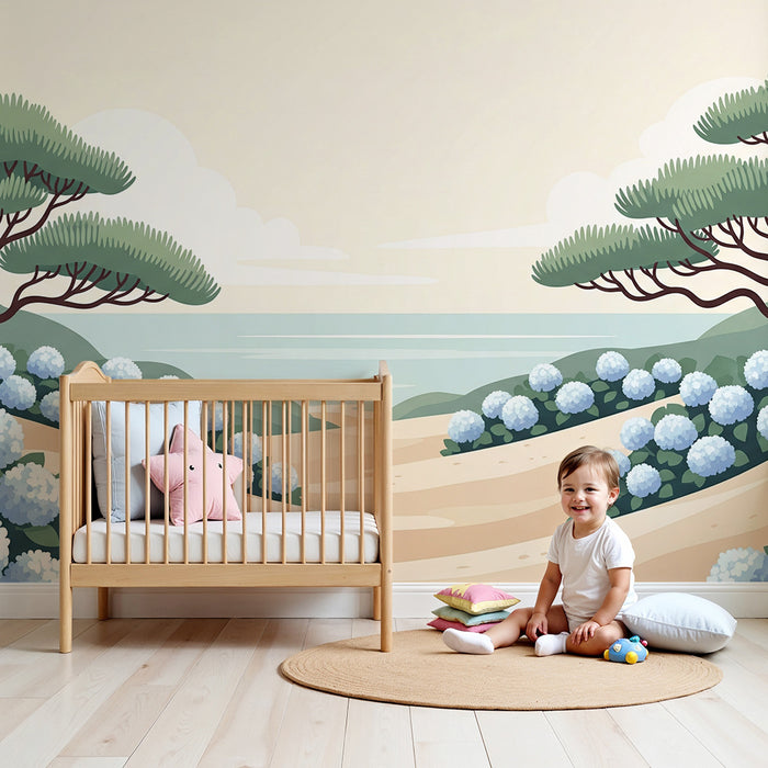Behang babykamer | Rustig strand met blauwe bloemen en bomen