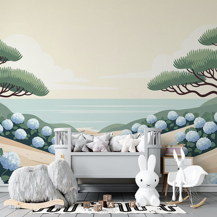 Behang babykamer | Rustig strand met blauwe bloemen en bomen