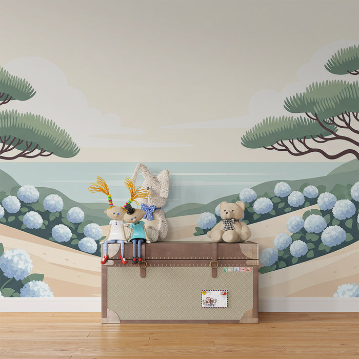 Behang babykamer | Rustig strand met blauwe bloemen en bomen