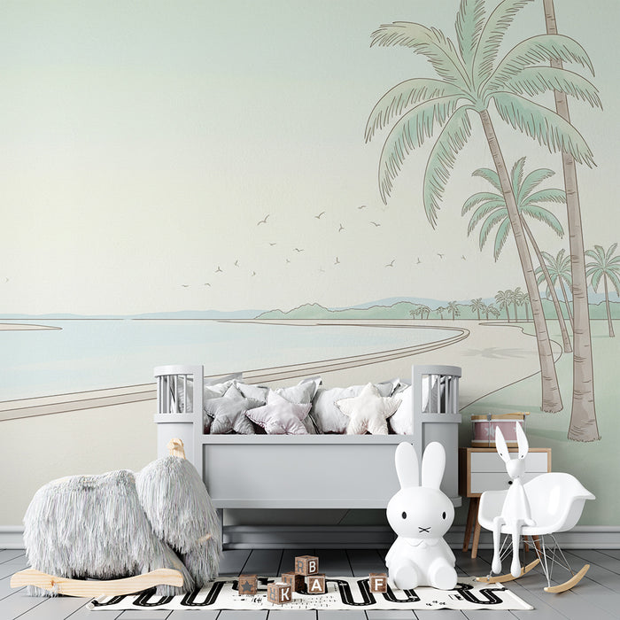 **Barneveggtapet | Fredelig strand med palmer og myk himmel**