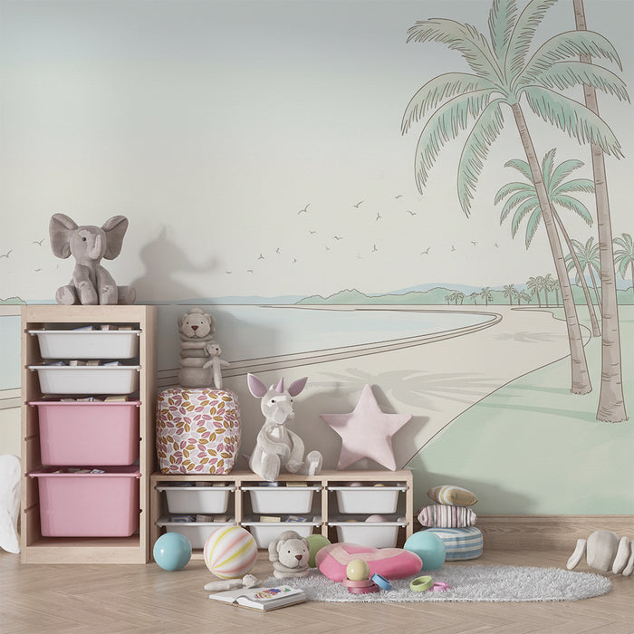 **Barneveggtapet | Fredelig strand med palmer og myk himmel**