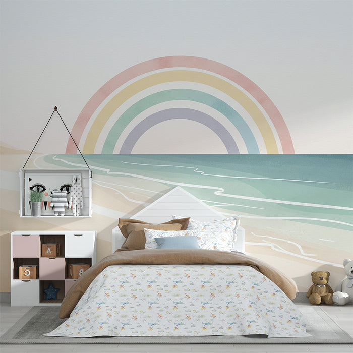 Papel de parede quarto bebê | Praia serena com arco-íris pastel