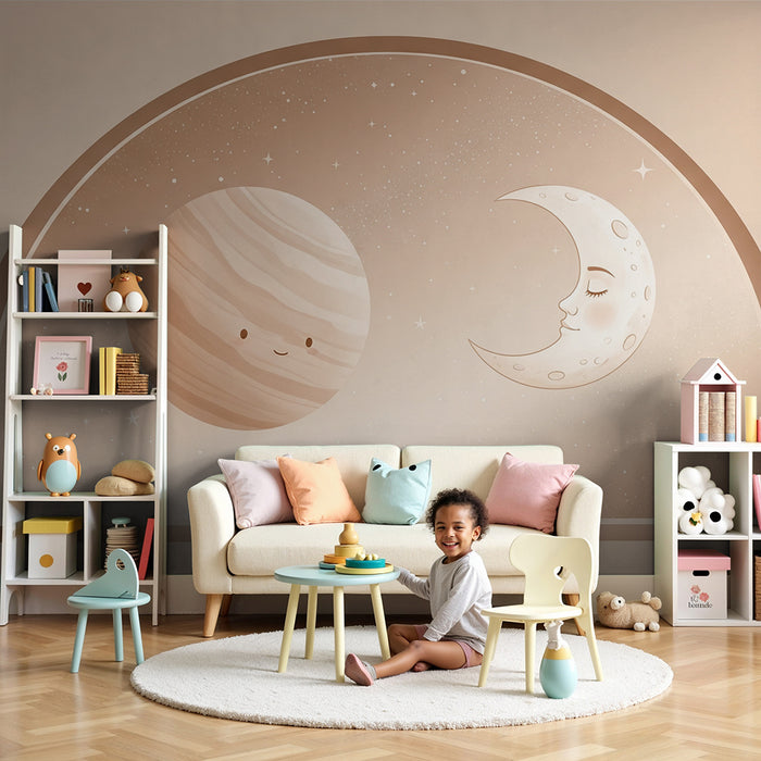 Papier peint chambre bébé | Planète souriante et lune rêveuse dans un ciel étoilé