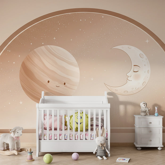 Papier peint chambre bébé | Planète souriante et lune rêveuse dans un ciel étoilé