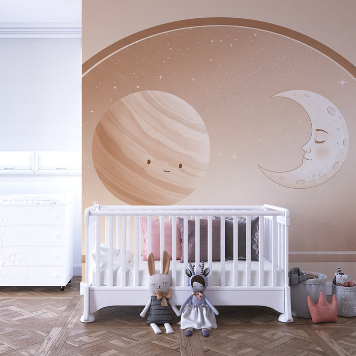 Papier peint chambre bébé | Planète souriante et lune rêveuse dans un ciel étoilé