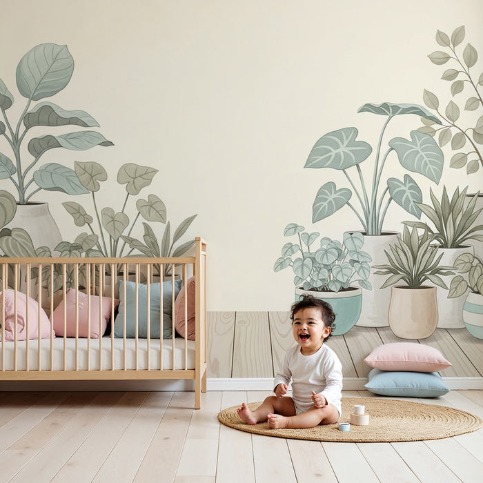 Babyzimmer Tapete | Zarte Zimmerpflanzen in bunten Töpfen