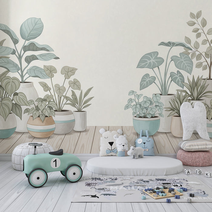Babyzimmer Tapete | Zarte Zimmerpflanzen in bunten Töpfen