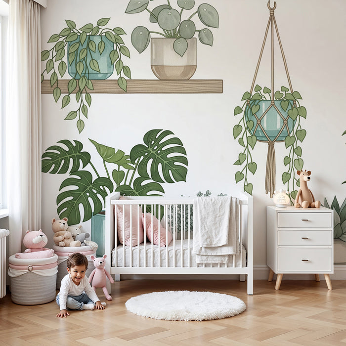 Nursery Wallpaper | Delicate Indoor Plants in Modern Pots